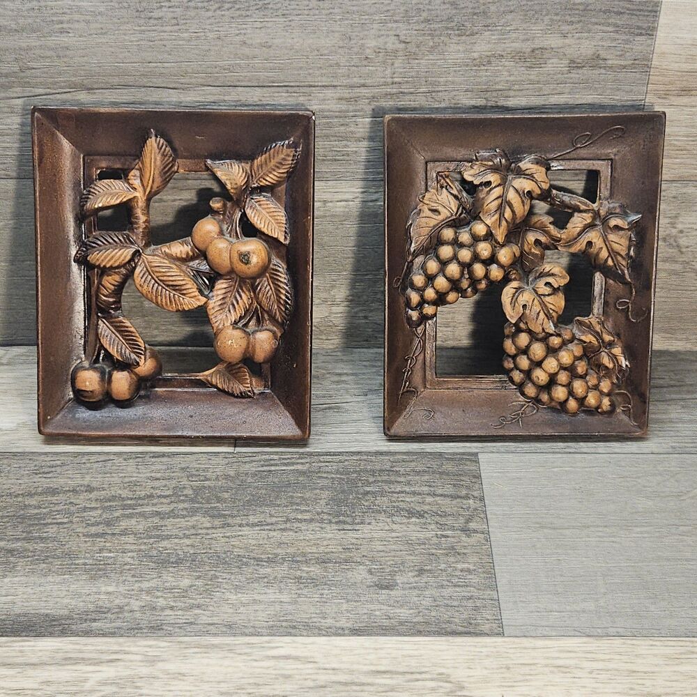 2 Vintage Ceramic Wall Plaques Grapes  Cherries - Unsigned - Minor Callouts LOOK